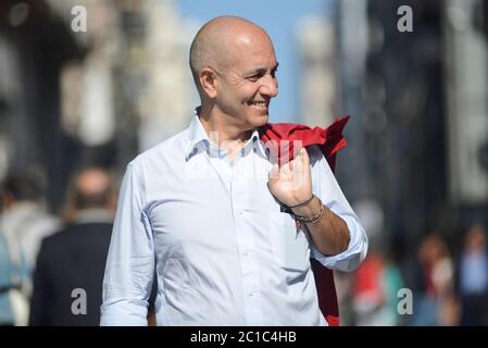 Italian man smiling in Via Sparano da Bari. Bari, Italy Stock Photo