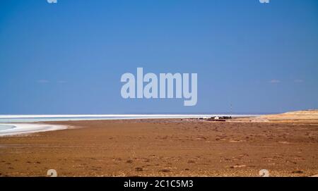 Panorama view to saline Barsa Kelmes lake and Ustyurt plateau in Karakalpakstan, Uzbekistan Stock Photo