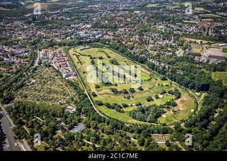 Aerial view, Golfclub GC Schloß Horst, golf course, cemetery Horst-Süd, allotment club Horst Emscher,new development area, residential area Am Bowenga Stock Photo