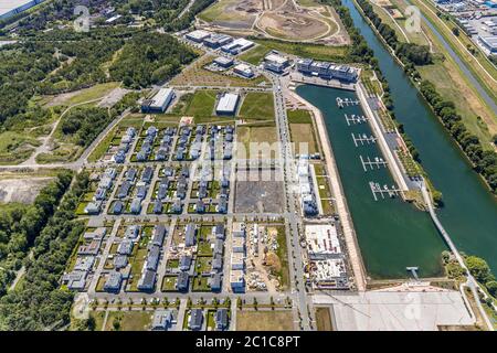 Aerial photograph, Marina Marina, Graf Bismarck harbour district, industrial area on the Emscher, Rhine-Herne Canal, Bismarck, Gelsenkirchen, Ruhr are Stock Photo