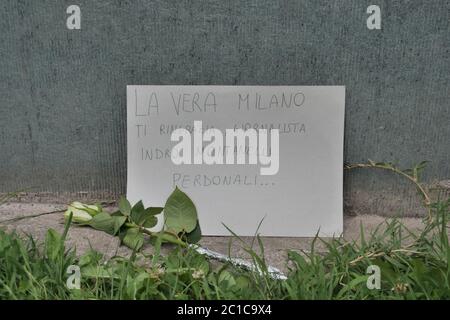 Milan, Italy. 14th June, 2020. Indro Montanelli bronze statue smeared with red paint and racist writing in Milan, Italy on June 14, 2020. (Photo by Luca Ponti/Pacific Press/Sipa USA) Credit: Sipa USA/Alamy Live News Stock Photo