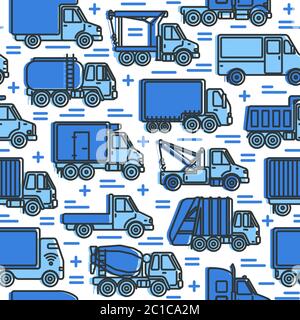 Transportation seamless pattern with different types of trucks in line style. Trucking industry repeating background. Stock Vector