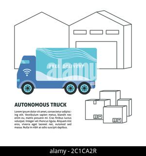 Self-driving truck and warehouse banner template in flat style with place for text. Truck and boxes near warehouse building. Driverless transportation Stock Vector