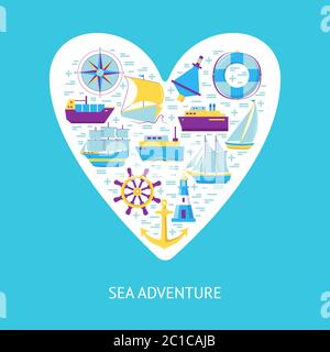 Sea adventure concept banner or poster template in flat style with ships and nautical symbols. Marine travel and vacation illustration with place for Stock Vector