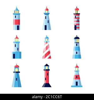 Colorful lighthouse icons set in flat style isolated on white background Stock Vector
