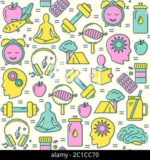 Biohacking seamless pattern in colored line style. Health improvement concept repeating background. Vector illustration. Stock Vector
