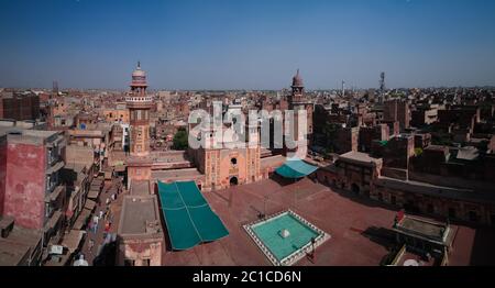 Aerial Panorama of Wazir Khan Mosque, Lahore, Pakistan Stock Photo