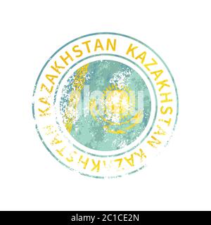 Kazakhstan sign, vintage grunge imprint with flag on white Stock Vector