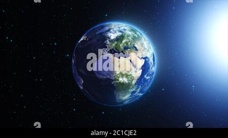 Planet Earth with sun in universe or space, Earth and galaxy in a nebula clouds Stock Photo