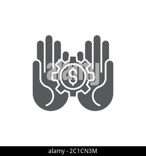 Hands holding gear and money vector icon symbol isolated on white background Stock Vector