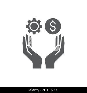 Hands holding gear and money vector icon symbol isolated on white background Stock Vector