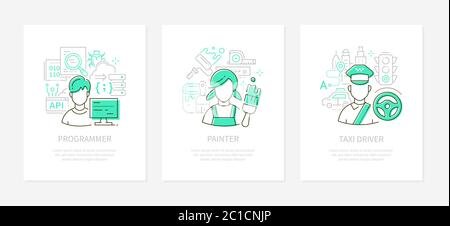 Different professions and services - line design style banners set Stock Vector