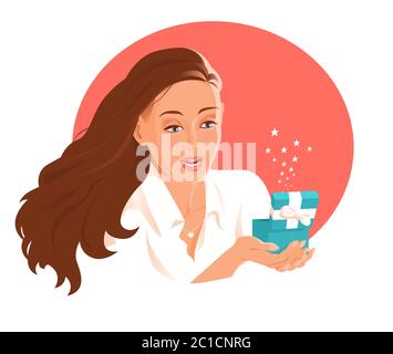 A beautiful girl happily opened a gift box. Stock Vector
