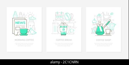 Coffee concept - line design style banners set Stock Vector