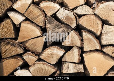 Abstract photo of a pile of natural wooden logs background, top view Stock Photo
