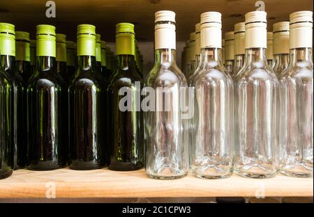 Background wall from empty bottles of wine on wooden shelve Stock Photo