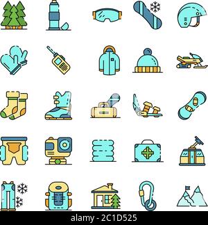 Snowboarding equipment icon set line color vector Stock Vector
