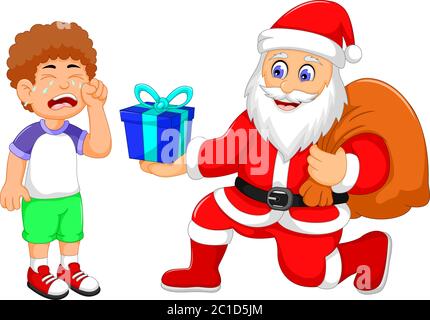 funny Santa Claus cartoon giving a gifts to little boy crying Stock Photo