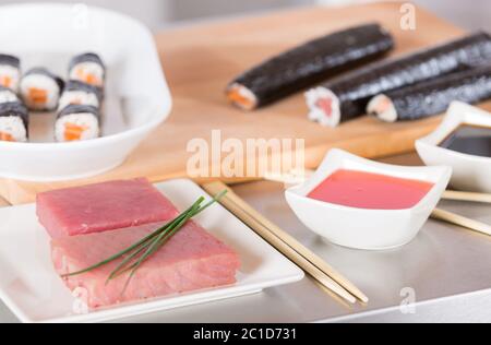 Delicious sushi prepared for a tasting at a restaurant Stock Photo