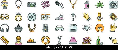 Hiphop icon set line color vector Stock Vector