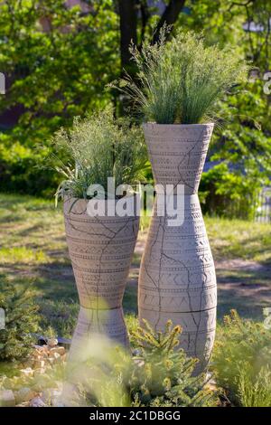 A tall round pot for plants in the garden, with grass growing inside the herb Stock Photo