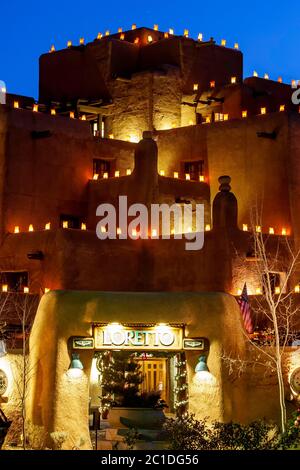 The Inn at Loretto and Christmas lights ("farolitos"), Santa Fe, New