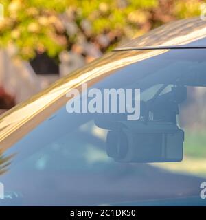 Square Windshield of sheriffs car with dashboard camera Stock Photo