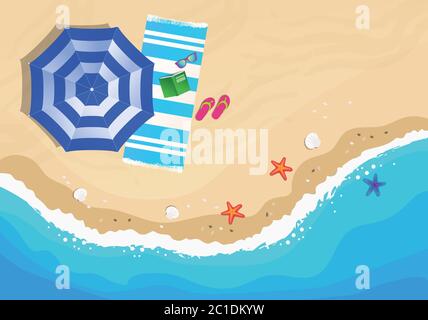 Beach from above, view with umbrella, beach towel, sunglasses and flip flop. Vector hand drawn illustration Stock Vector