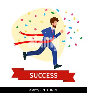 Business competition, a race for success.  Happy businesswoman crossing the finish line. The concept of business victory.vector illustration in modern Stock Vector