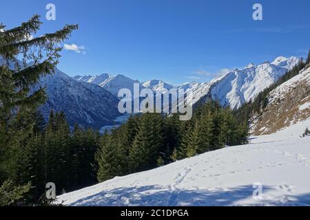 The Lech Valley and the surrounding snow-capped mountains in Austria. Stock Photo