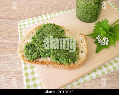 Homemade garlic mustard pesto on baguette Stock Photo