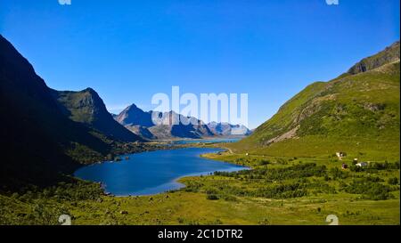 Panoramic view to Storvatnet and Litlvatnet lakes at Flakstadoya Island, Lofoten, Norway Stock Photo