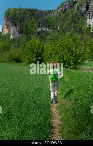 Hiker in the Elbe Sandstone Mountains Stock Photo