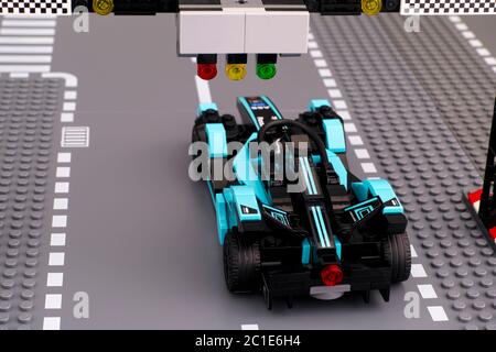 Tambov, Russian Federation - February 19, 2020 Lego Formula E Panasonic Jaguar Racing Gen2 race cars by LEGO Speed Champions on start line. Back view. Stock Photo