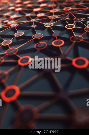 Artificial intelligence, connections and nucleus in concept of interconnected neurons. Abstract background 3D illustration. Stock Photo