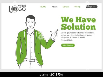 We have Solution landing page in thin line style. Stock Vector