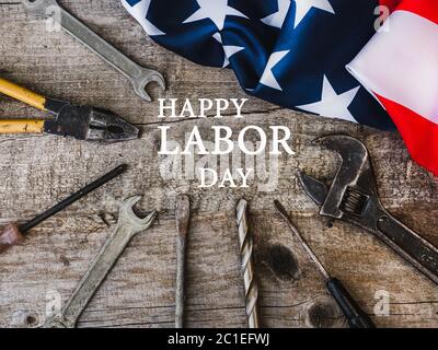 LABOR DAY. Hand tools lying on the table Stock Photo