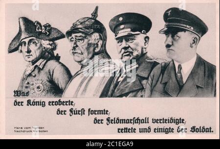 'What the King Conquered, the Prince Formed, the Field marshal Defended, the Soldier Saved and United.' Propaganda postcard with picture Friedrich the Stock Photo