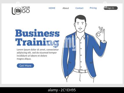Business Training landing page in thin line style. Stock Vector