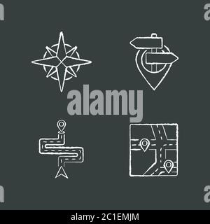 Navigation chalk white icons set on black background Stock Vector