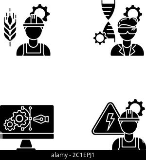 Engineering career type black glyph icons set on white space Stock Vector
