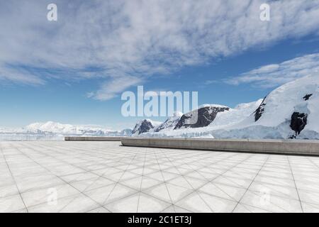 empty brick ground with sonw mountain as background Stock Photo