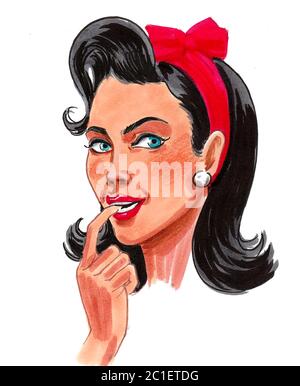 Pretty pin-up styled woman. Ink and watercolor drawing Stock Photo