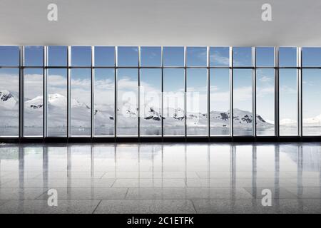 empty brick ground with sonw mountain as background Stock Photo