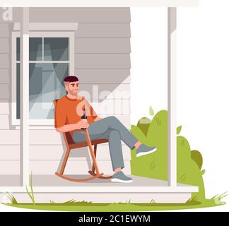 Man sit in armchair on patio semi flat RGB color vector illustration Stock Vector
