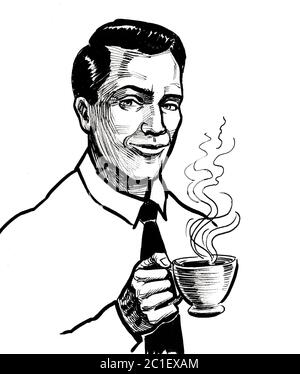 Gentleman drinking a cup of coffee. Ink black and white drawing Stock ...