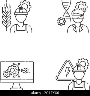 Engineering career type pixel perfect linear icons set Stock Vector