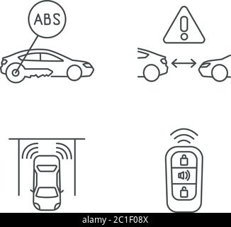Smart driving safety systems pixel perfect linear icons set Stock Vector