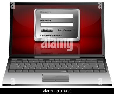 Laptop Computer with silver Login Screen on red desktop - 3D illustration Stock Photo