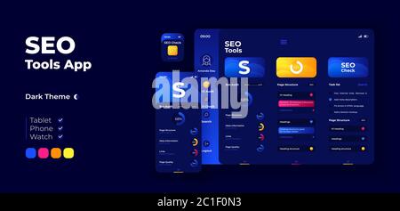 Seo tools app screen vector adaptive design template Stock Vector